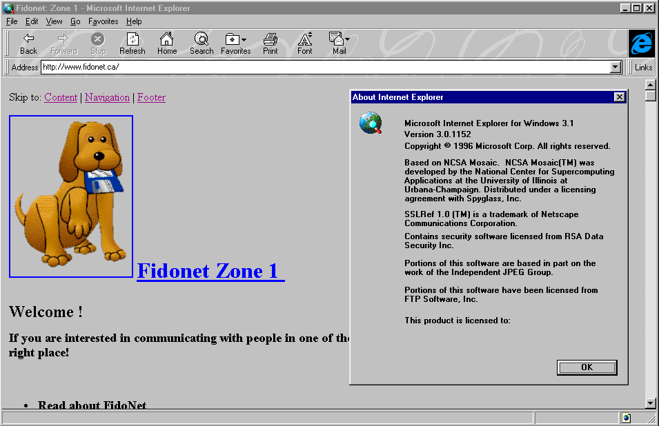 Screenshot of a page opened in Internet Explorerversion 3. There's an illustration of a brown dog with a blue floppy disk in its mouth. Internet Explorer 3 information is open in a separate window on the right.