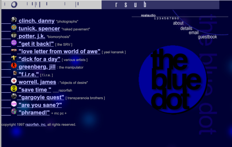 Screenshot of a site called the Blue Dot, created by Craig Kanarick